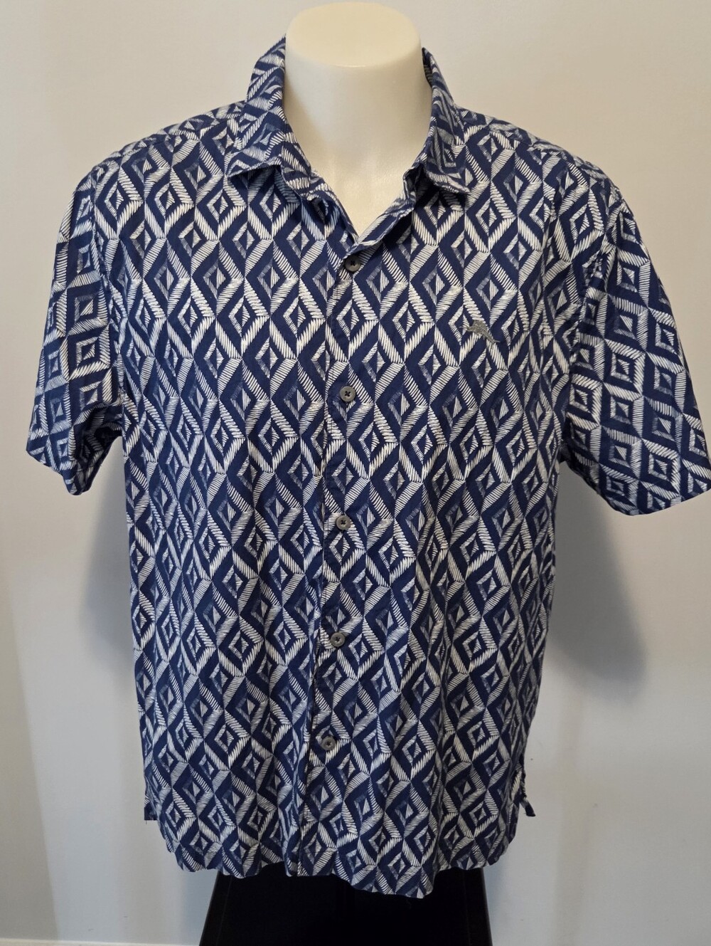 Tommy Bahama Camp Shirt Ikat Diamond Pattern Deep Marine Blue Cotton Sz XL
